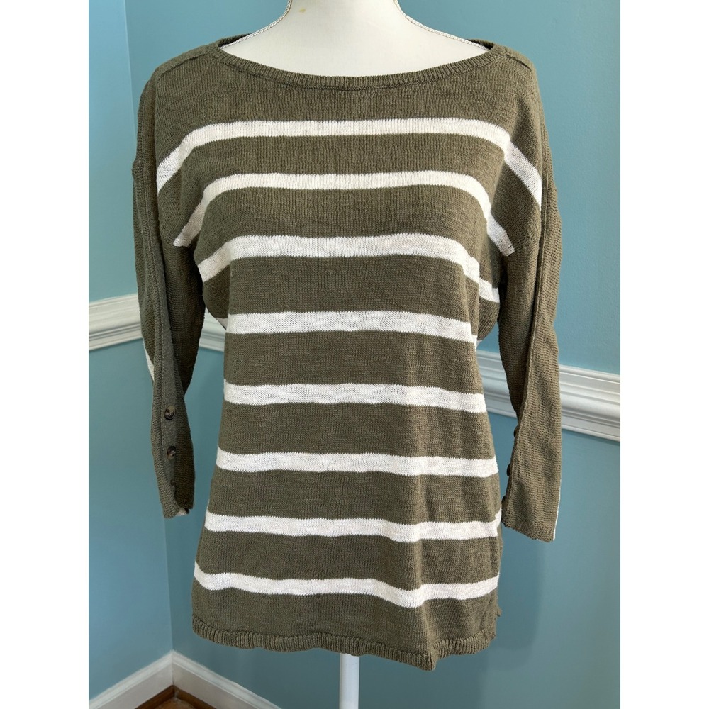 Talbots Petite Olive Green Cream Striped Boat Neck 3/4 Sleeve Sweater LP